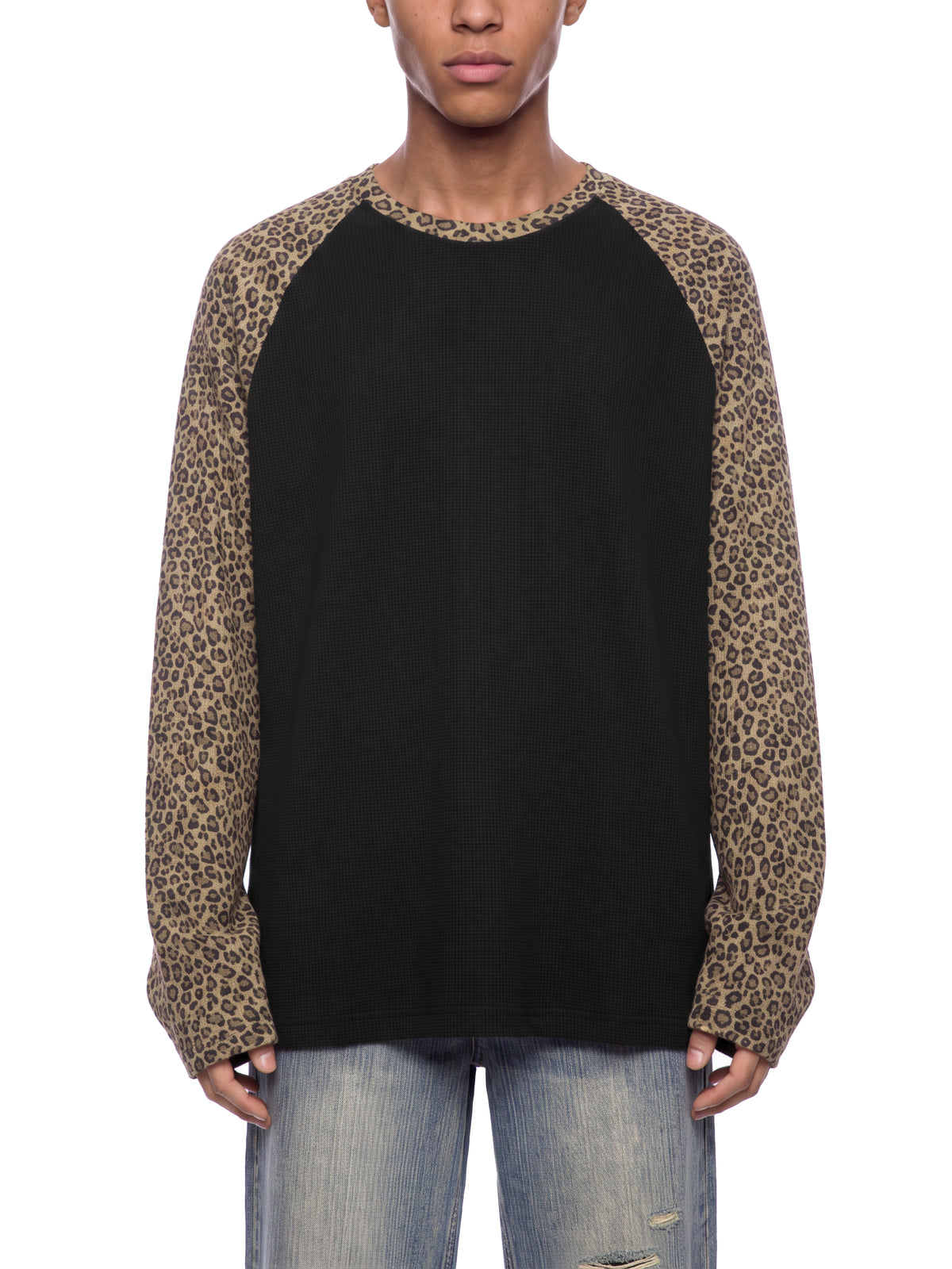 Off Script Leopard Panel Raglan Sleeve T-Shirt - Black with Leopard Brown model view 1
