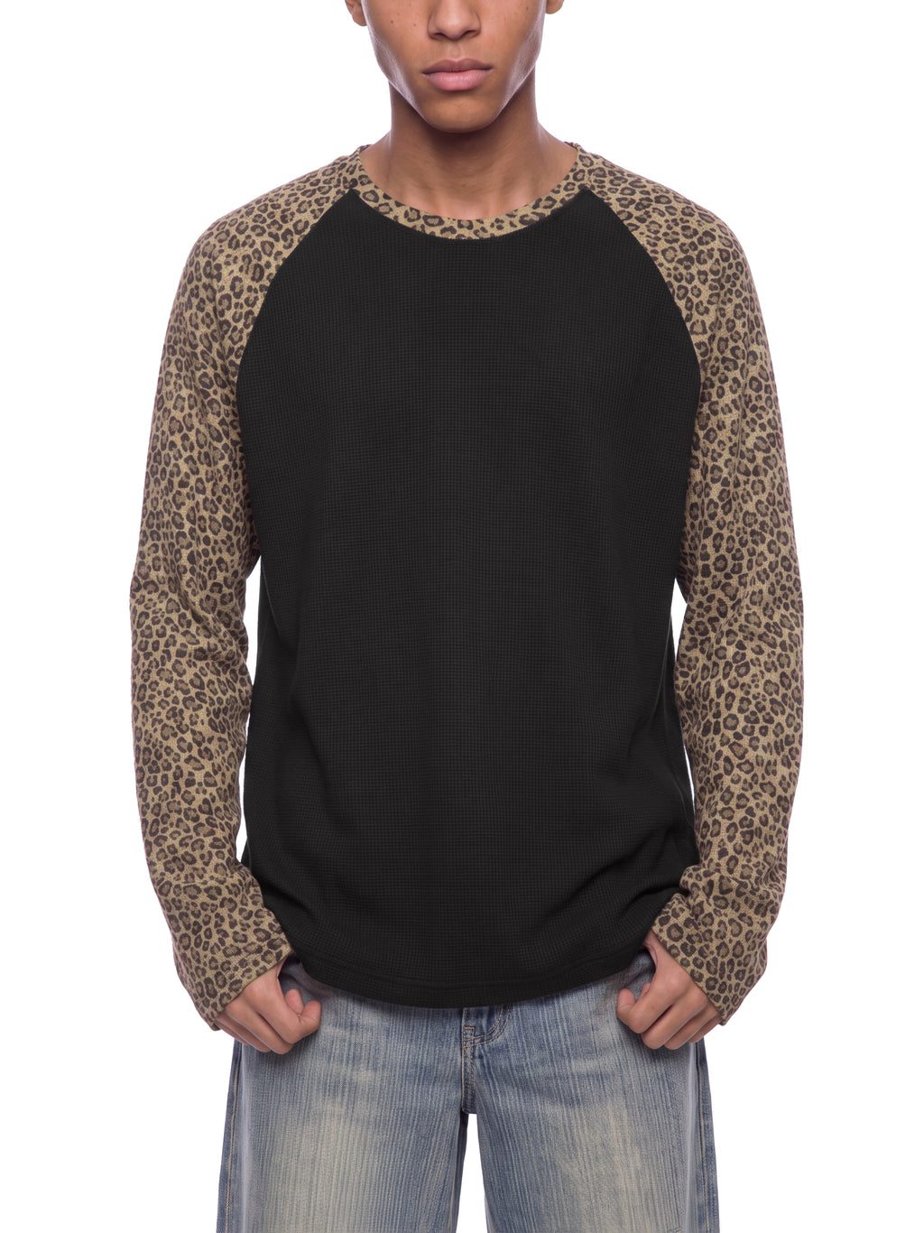 Off Script Leopard Panel Raglan Sleeve T-Shirt - Black with Leopard Brown model view 4