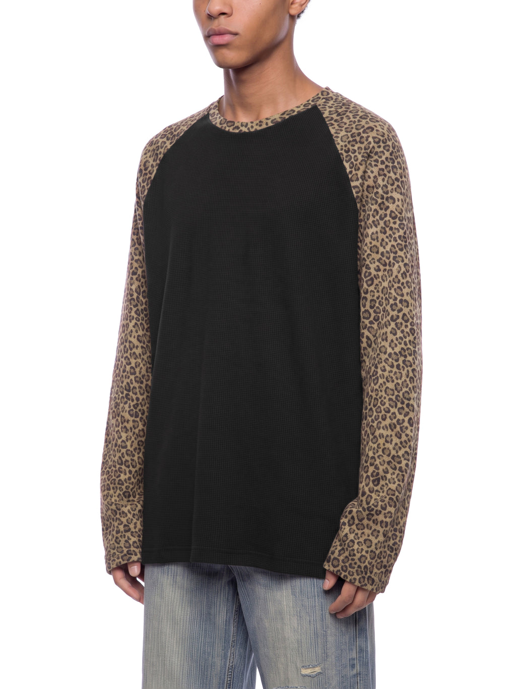 Off Script Leopard Panel Raglan Sleeve T-Shirt - Black with Leopard Brown model view 5