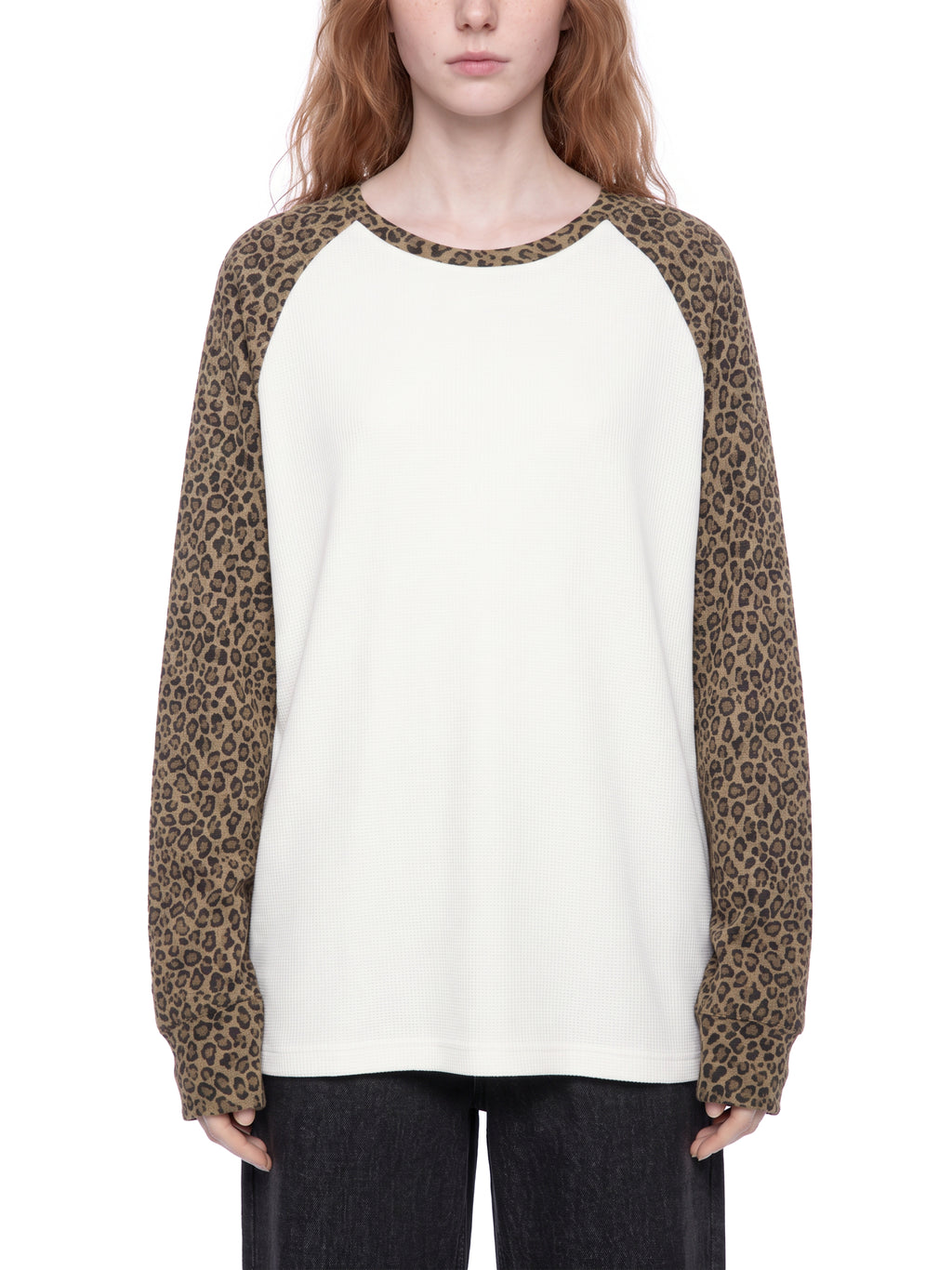 Off Script Leopard Panel Raglan Sleeve T-Shirt - White with Leopard Khaki model view 1
