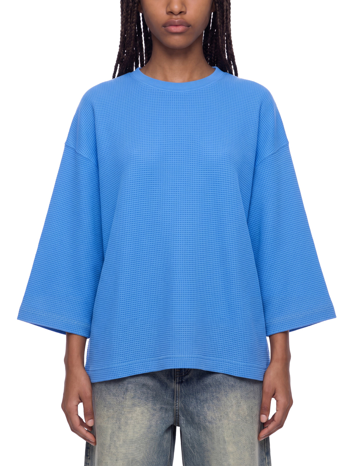 Off Script Waffle Boxy T-Shirt - Colourful Blue model front view