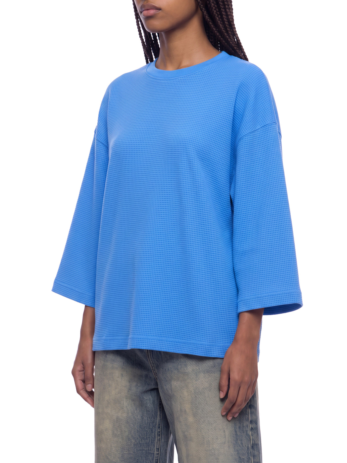 Off Script Waffle Boxy T-Shirt - Colourful Blue model three-quarter view