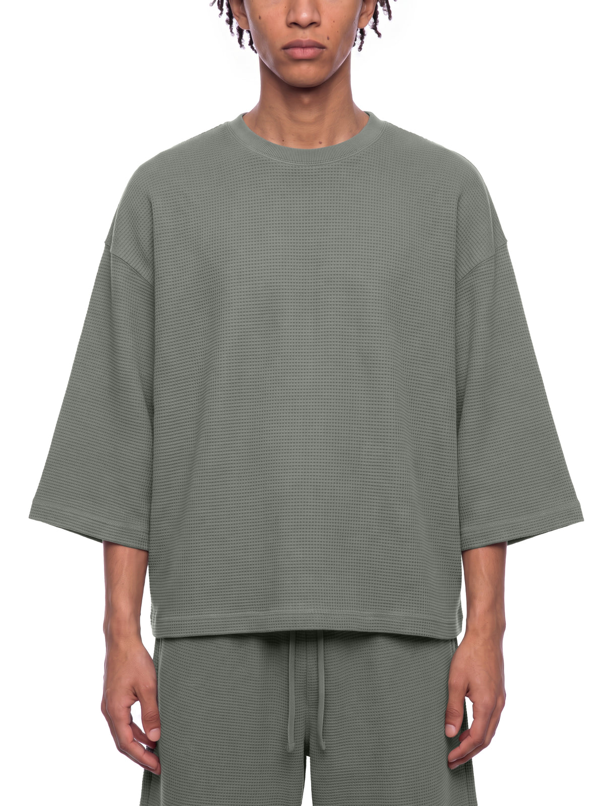 Off Script Waffle Boxy T-Shirt - Gray model front view