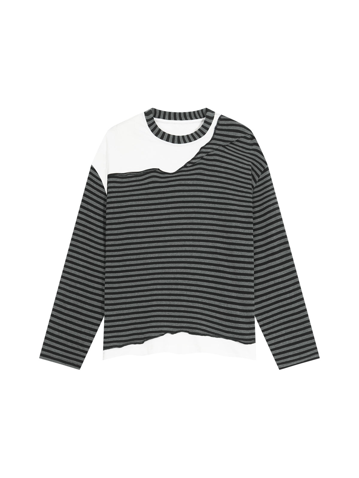 Unisex Striped Panel Boxy Long Sleeve T-Shirt – Black with Flower Gray front