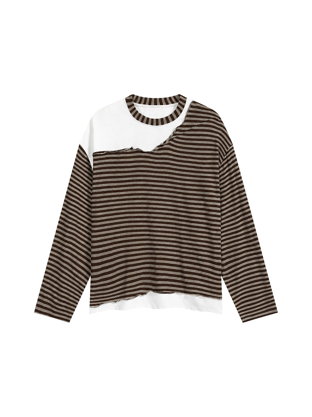 Unisex Striped Panel Boxy Long Sleeve T-Shirt – Coffee with Gray front