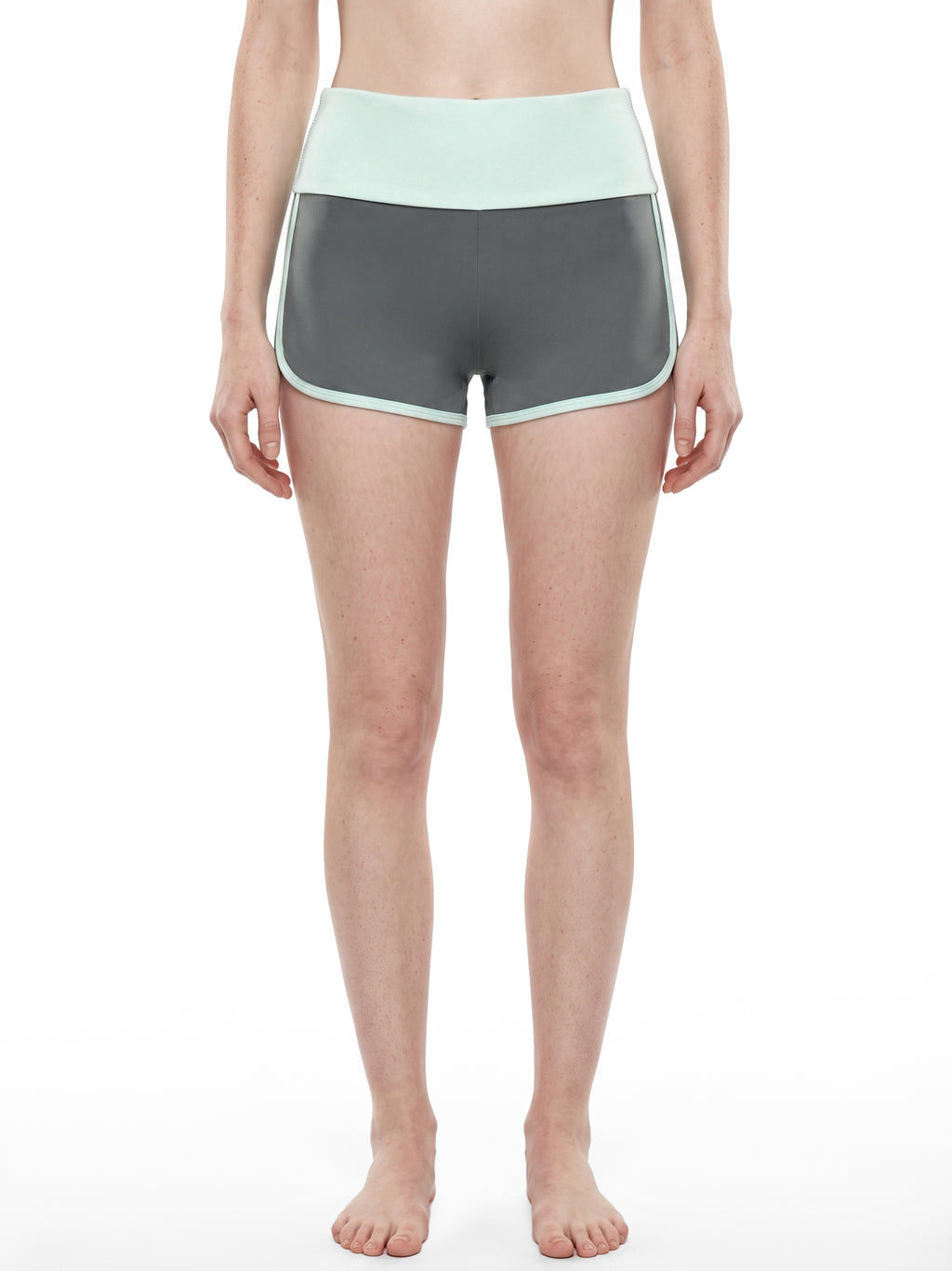 Women’s Colour-Block Yoga Shorts dark gray with light blue model front view