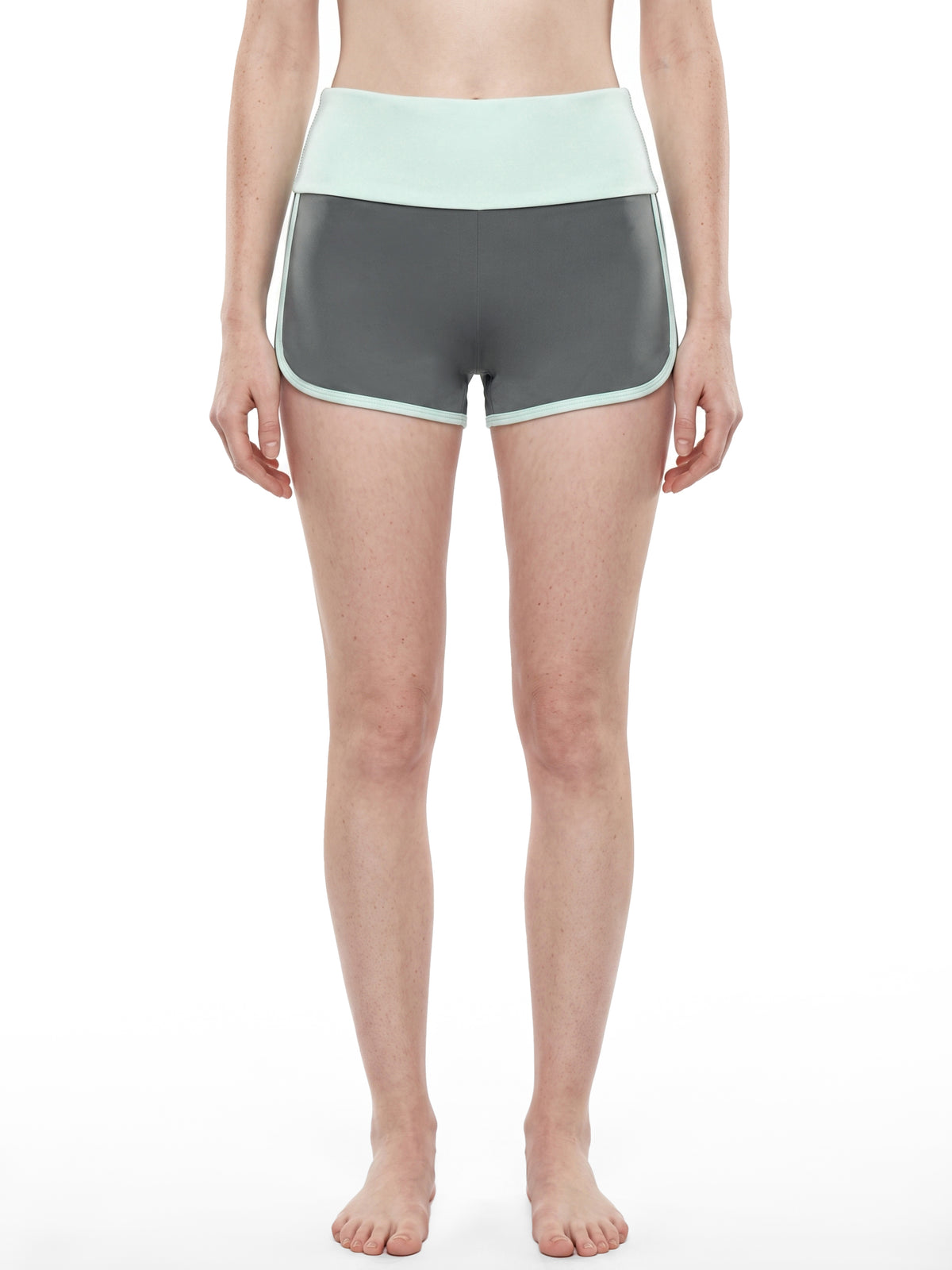 Women’s Colour-Block Yoga Shorts dark gray with light blue model front view