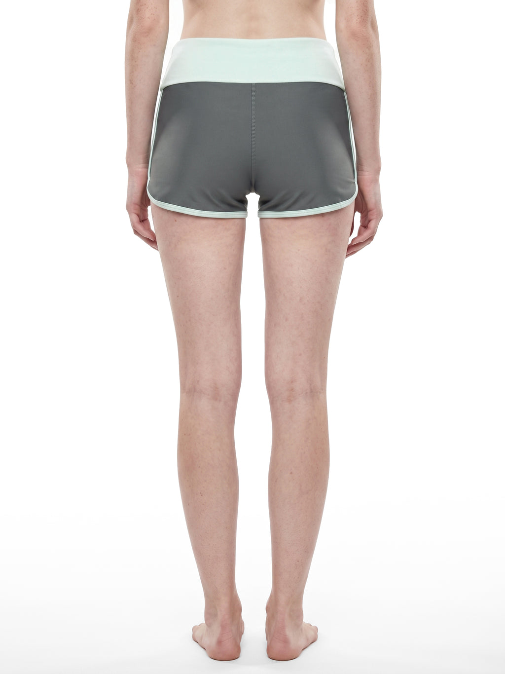 Women’s Colour-Block Yoga Shorts dark gray with light blue model back view