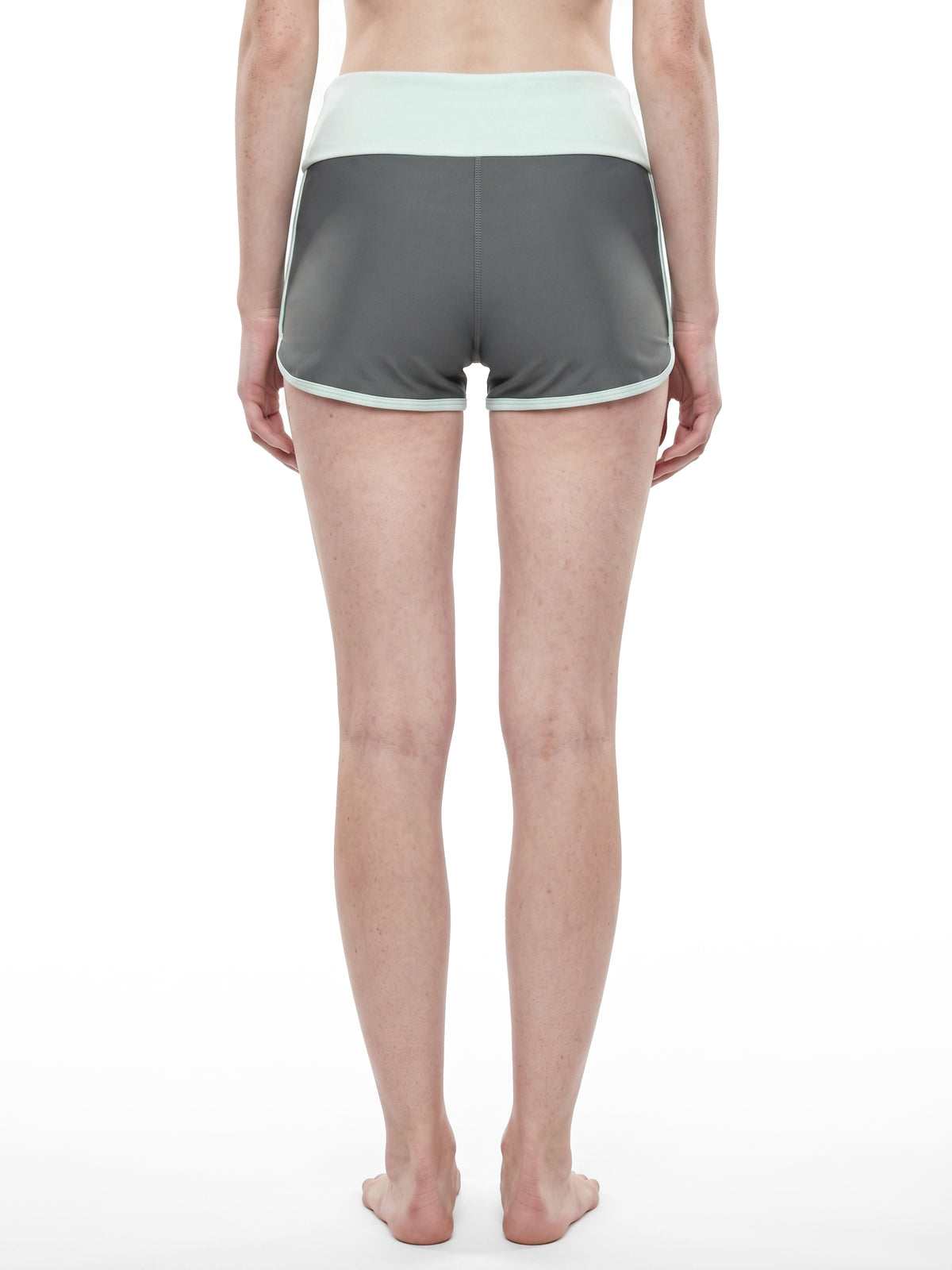 Women’s Colour-Block Yoga Shorts dark gray with light blue model back view