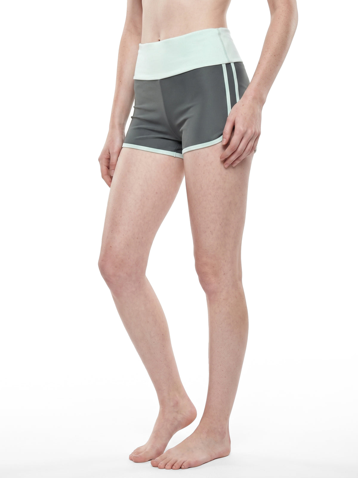 Women’s Colour-Block Yoga Shorts dark gray with light blue model angled view