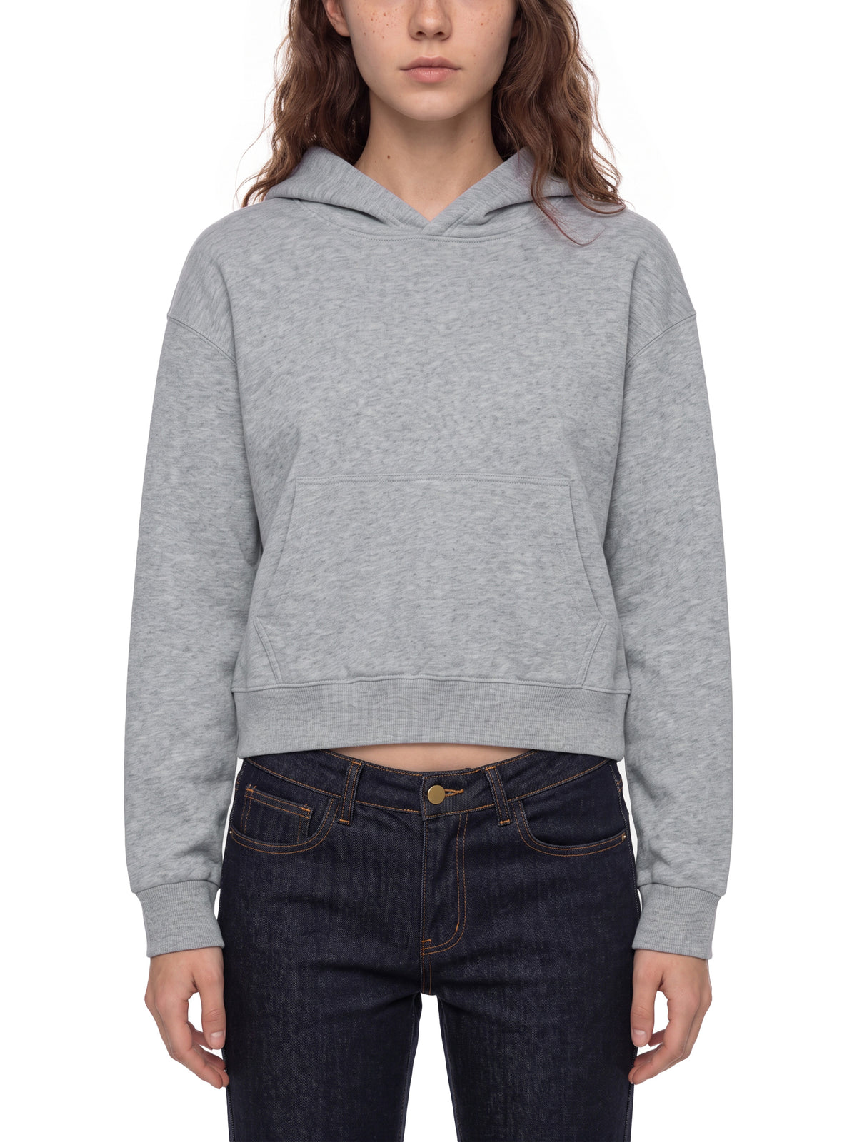 Women’s Crop Drop Shoulder Hoodie flower gray model front view