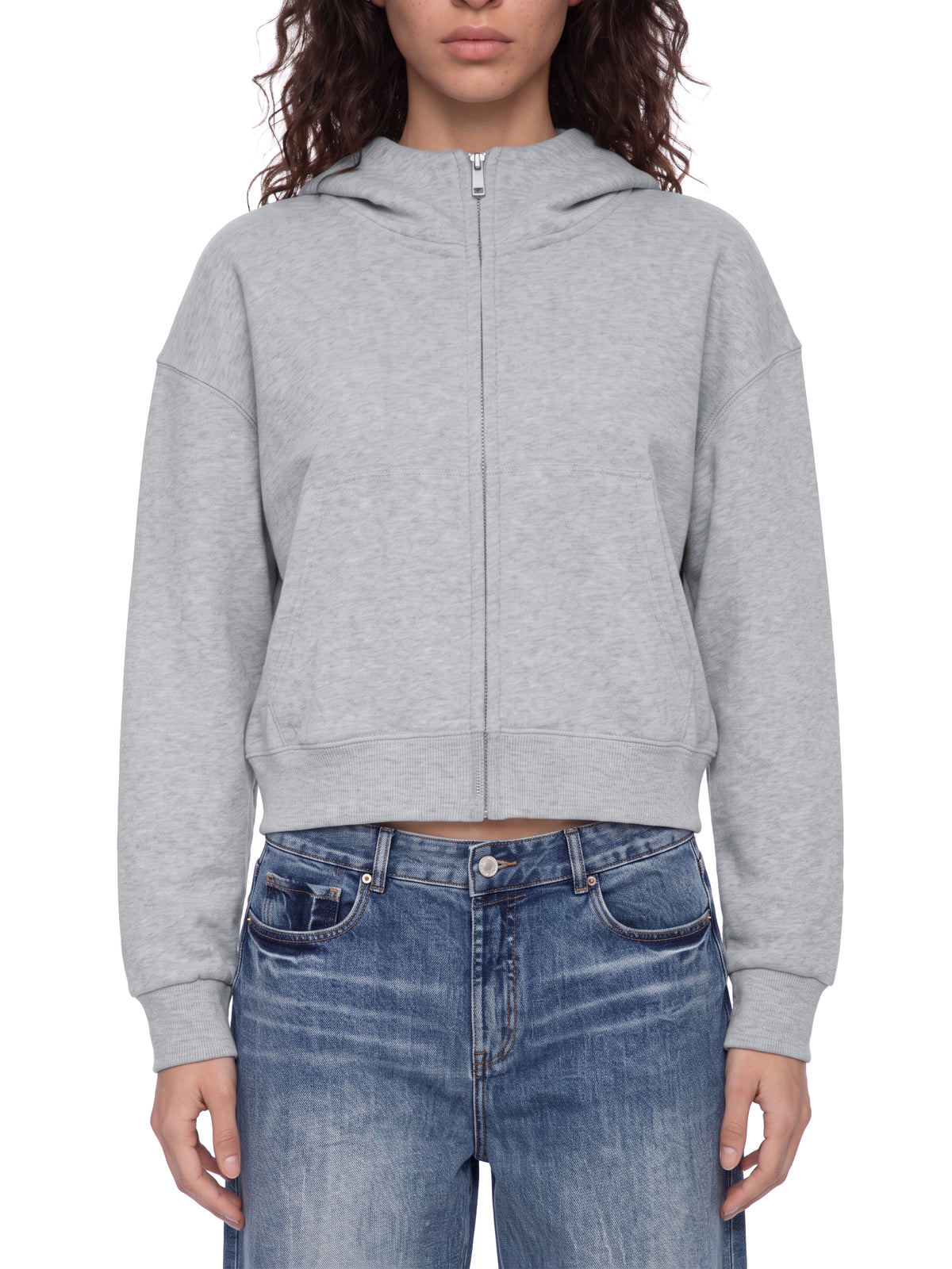Women’s Cropped Full-Zip Hoodie flower gray model front view
