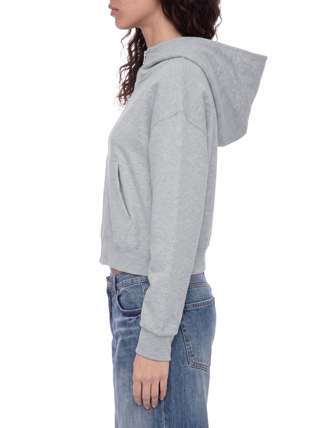 Women’s Cropped Full-Zip Hoodie flower gray model side view