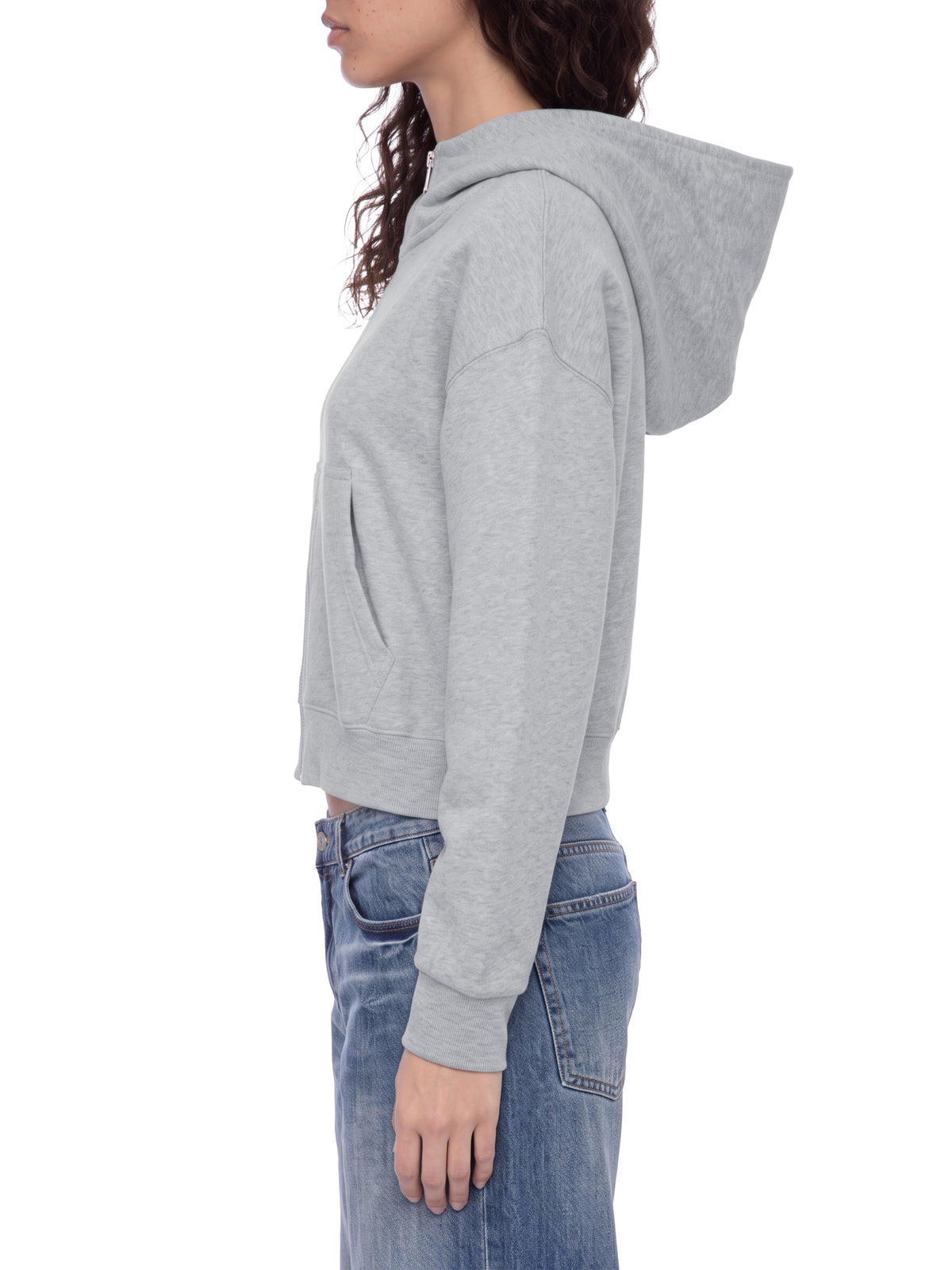 Women’s Cropped Full-Zip Hoodie flower gray model side view