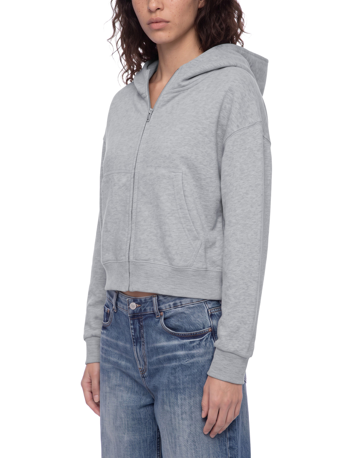 Women’s Cropped Full-Zip Hoodie flower gray model three-quarter view