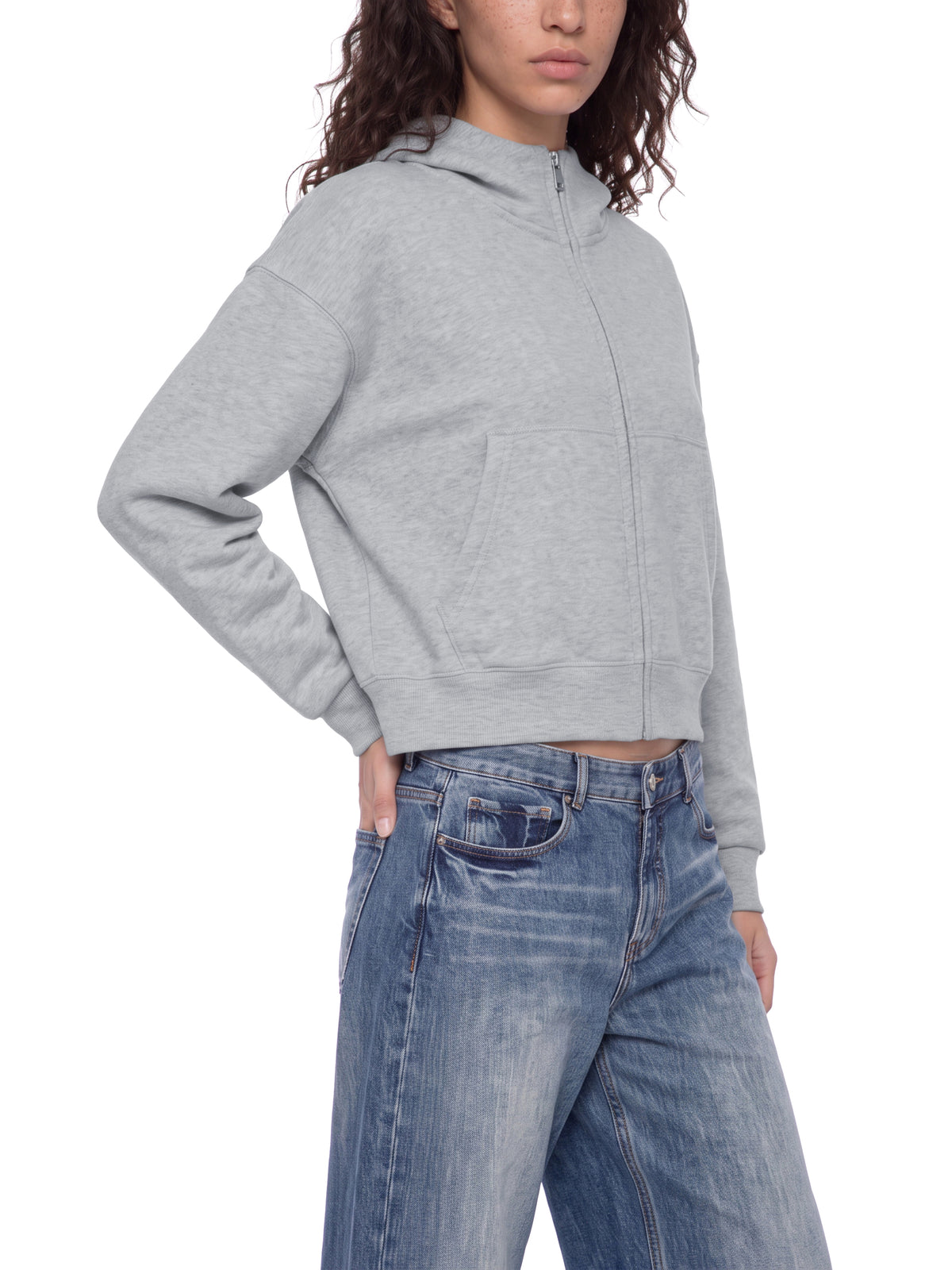 Women’s Cropped Full-Zip Hoodie flower gray model angled view