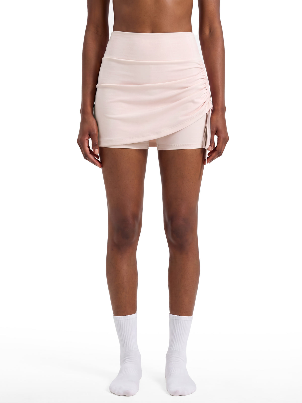 Women’s Drawstring A-Line Yoga Skort light pink model front view