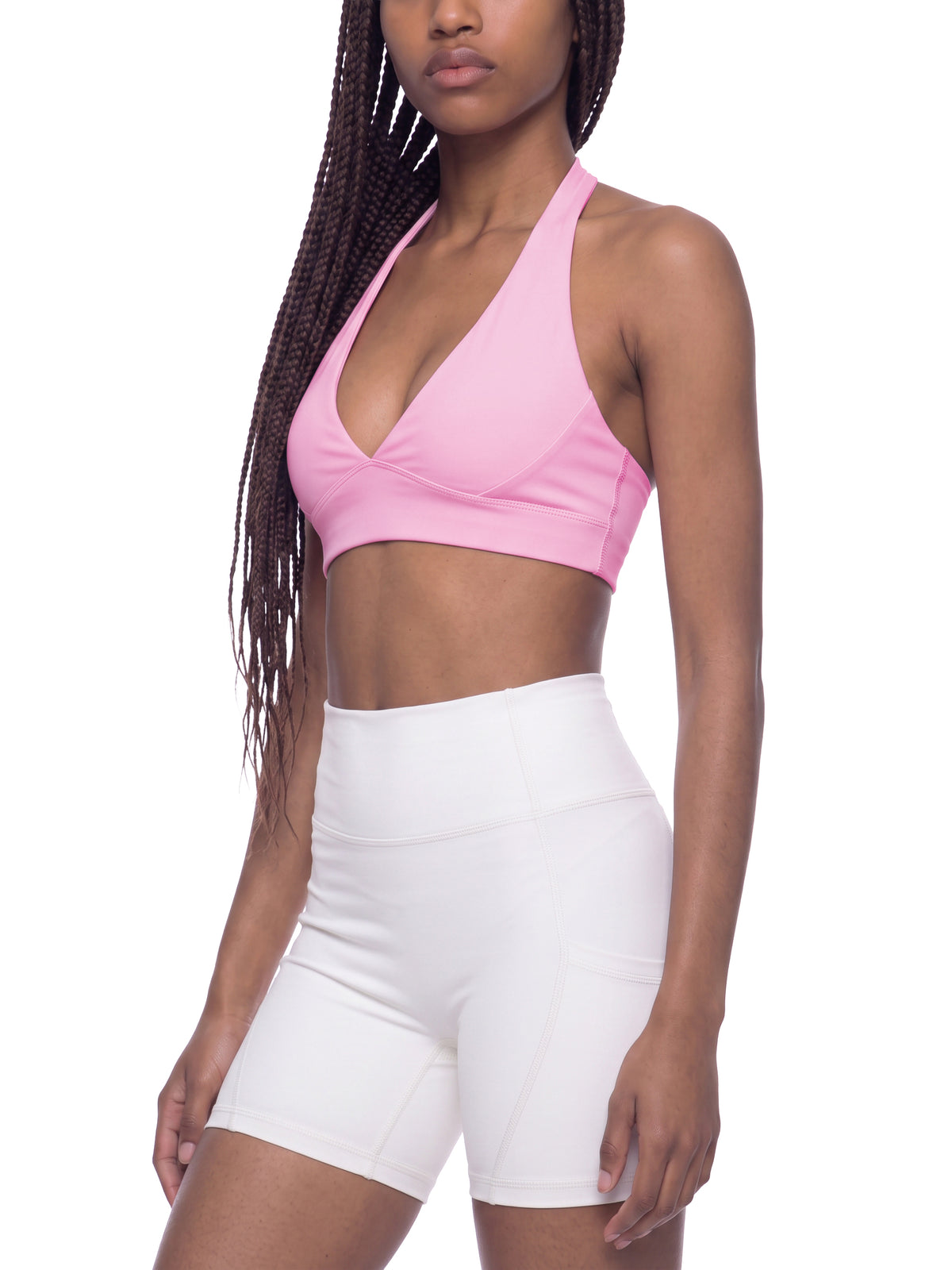 Women’s Halter Yoga Sports Bra pink model three-quarter view