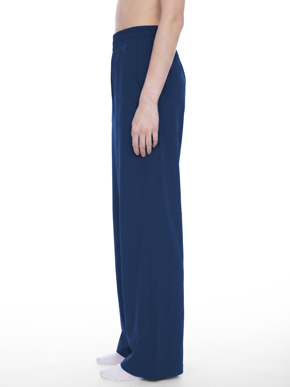Women’s High-Waisted Wide-Leg Yoga Pants navy blue model side view