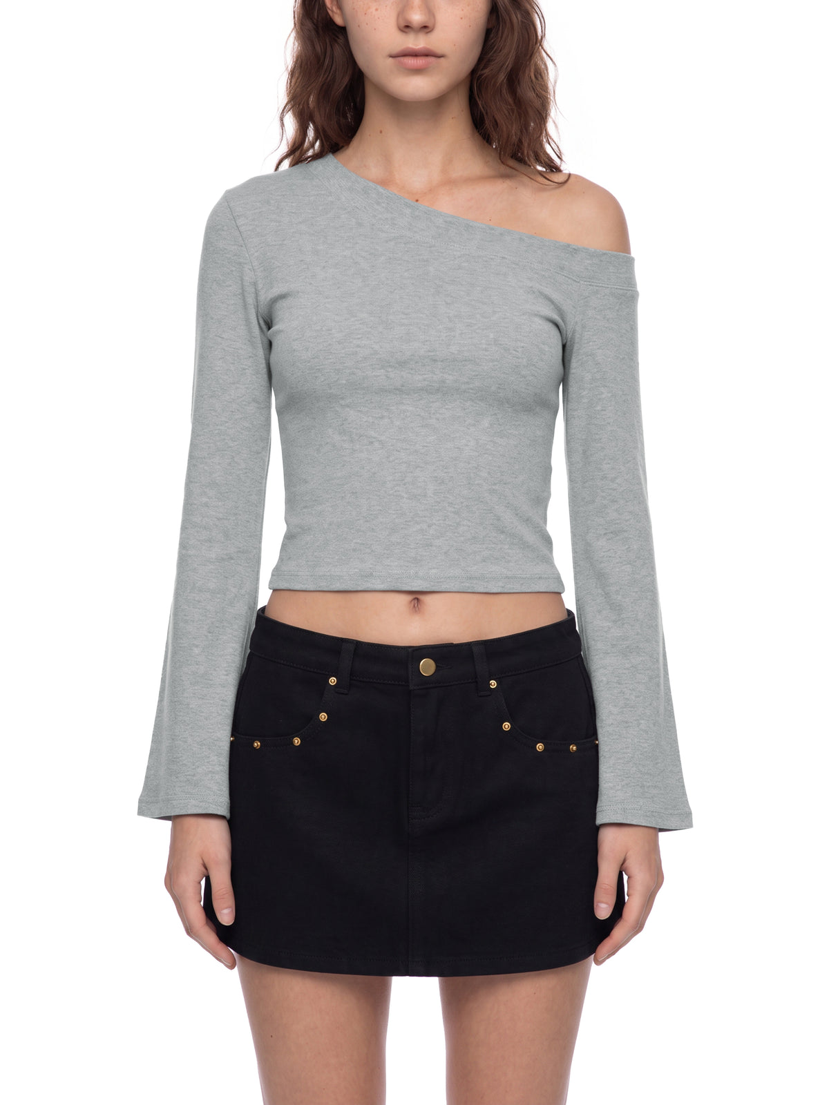 Women’s Off-Shoulder Bell Sleeve T-Shirt flower gray model front view