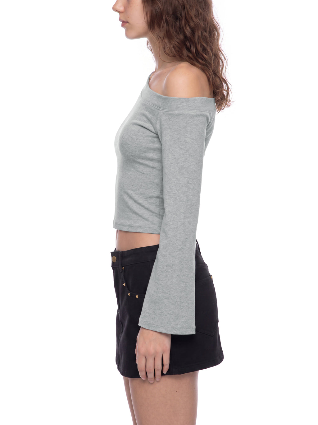 Women’s Off-Shoulder Bell Sleeve T-Shirt flower gray model side view