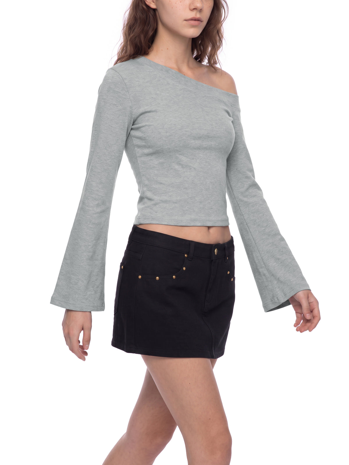 Women’s Off-Shoulder Bell Sleeve T-Shirt flower gray model three-quarter view