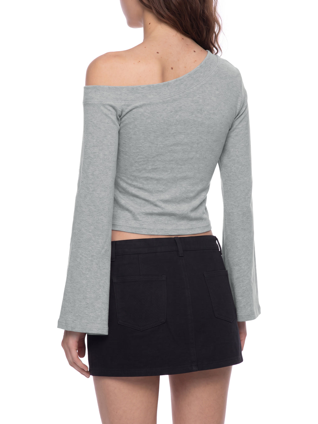 Women’s Off-Shoulder Bell Sleeve T-Shirt flower gray model angled back view