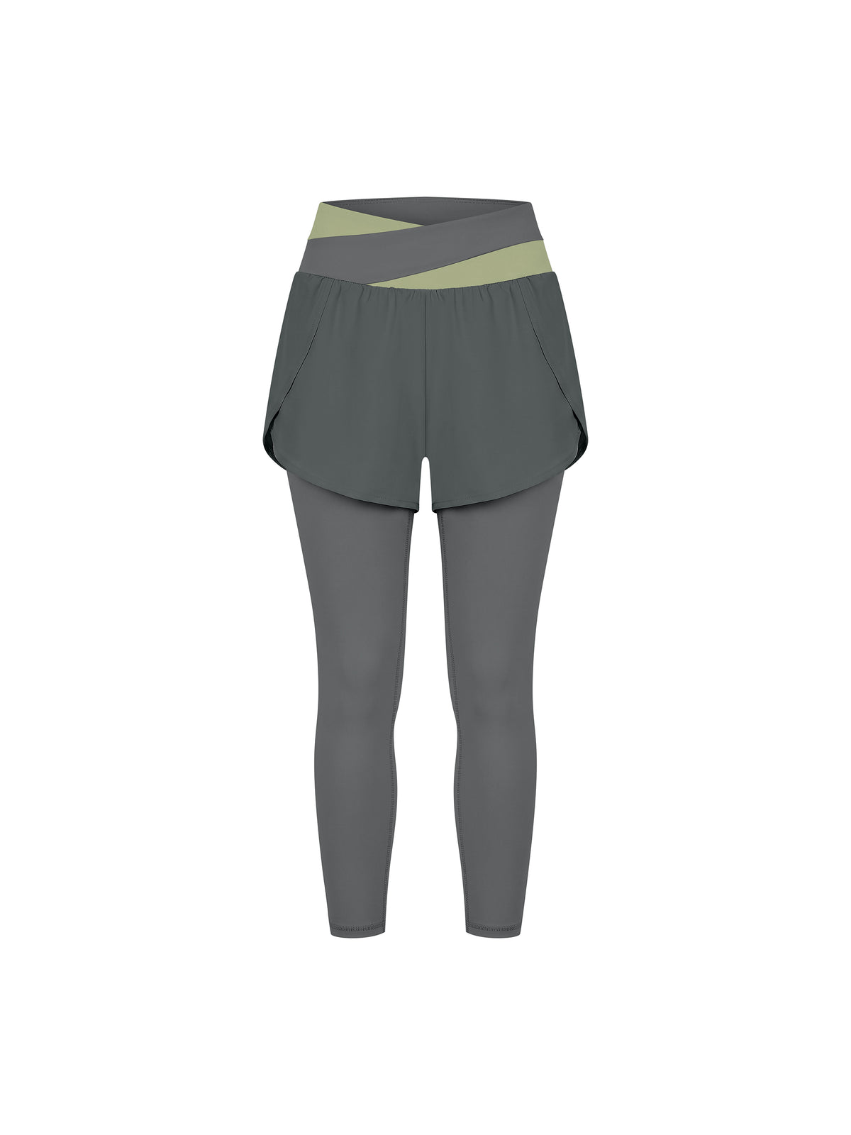 Women’s Panelled High-Waisted Yoga Leggings dark gray with bean green front view