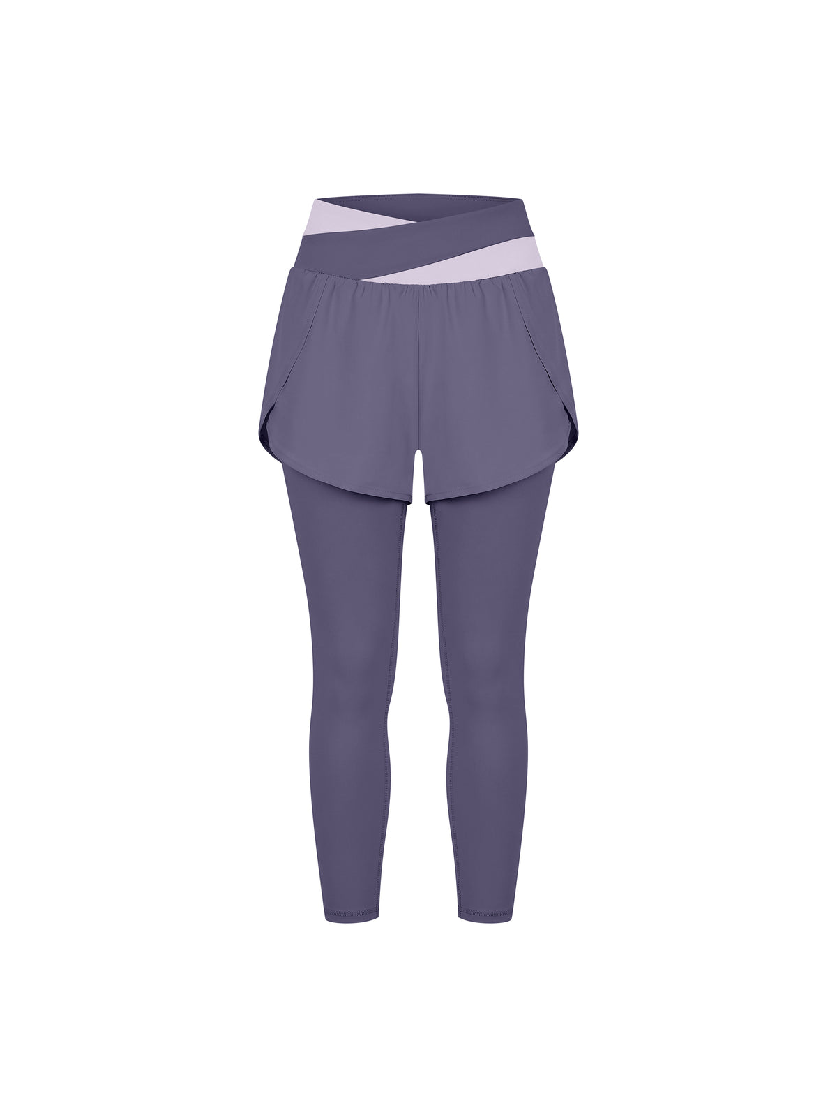 Women’s Panelled High-Waisted Yoga Leggings deep purple with light purple front view