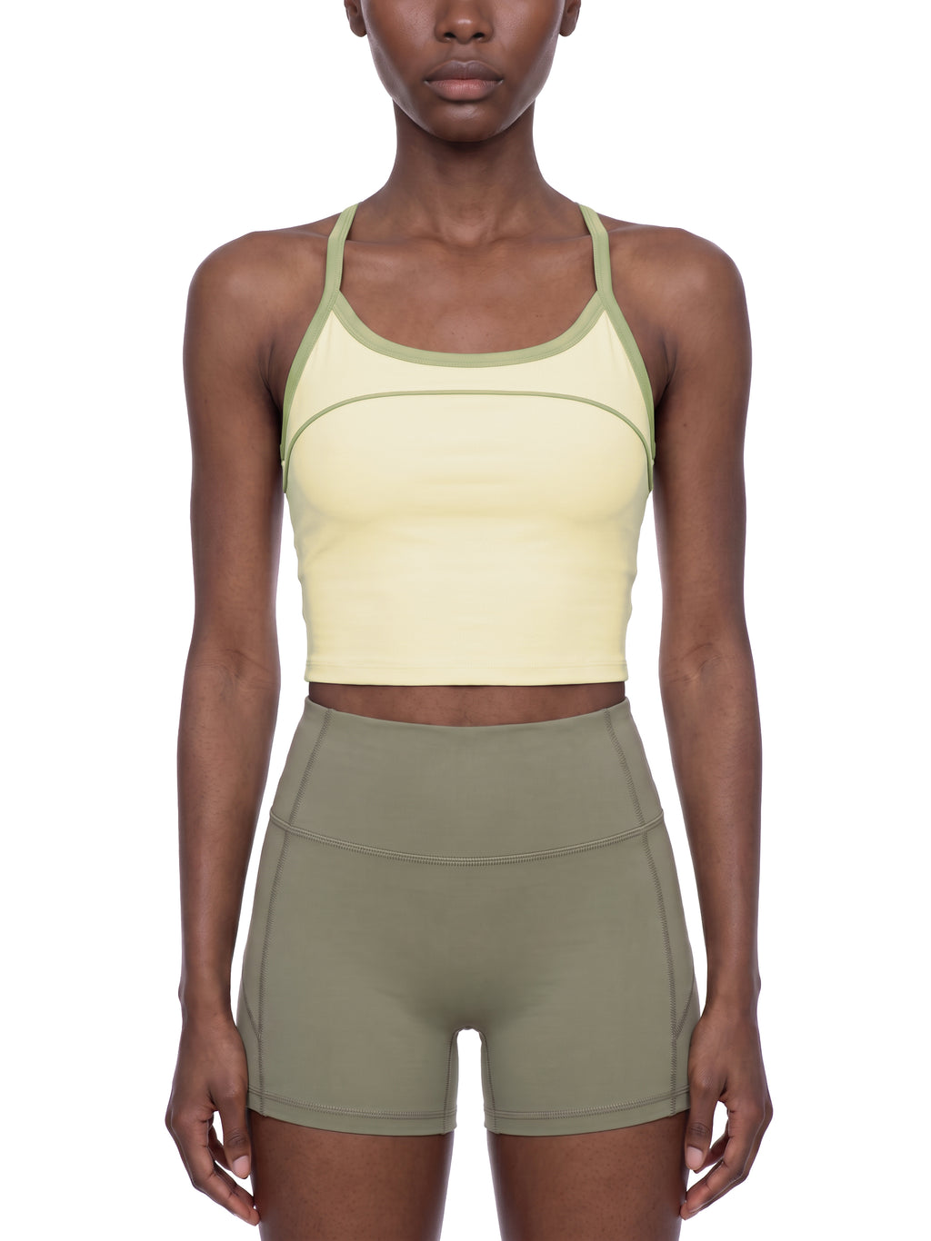 Women’s Piping Yoga Tank Top sage green model front view
