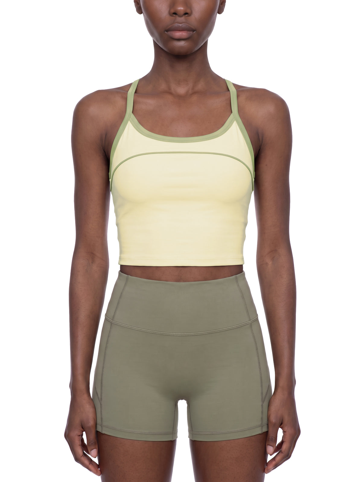 Women’s Piping Yoga Tank Top sage green model front view