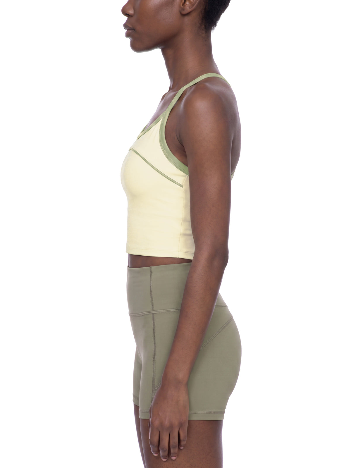 Women’s Piping Yoga Tank Top sage green model side view