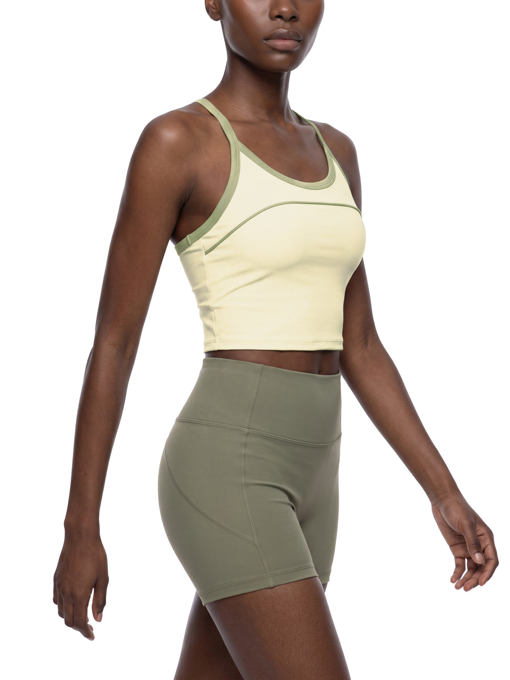 Women’s Piping Yoga Tank Top sage green model angled view