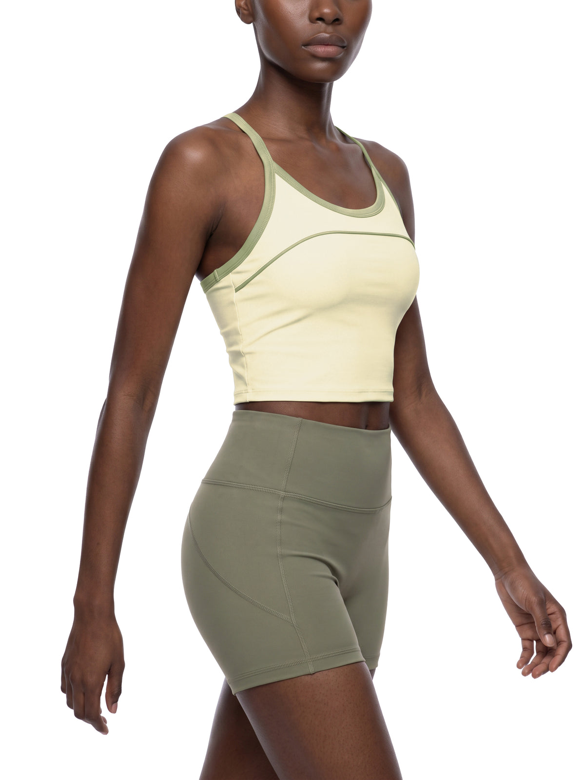 Women’s Piping Yoga Tank Top sage green model angled view