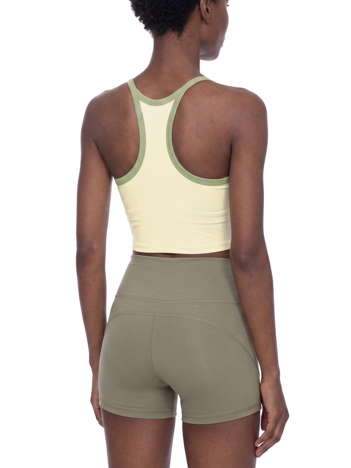 Women’s Piping Yoga Tank Top sage green model angled back view