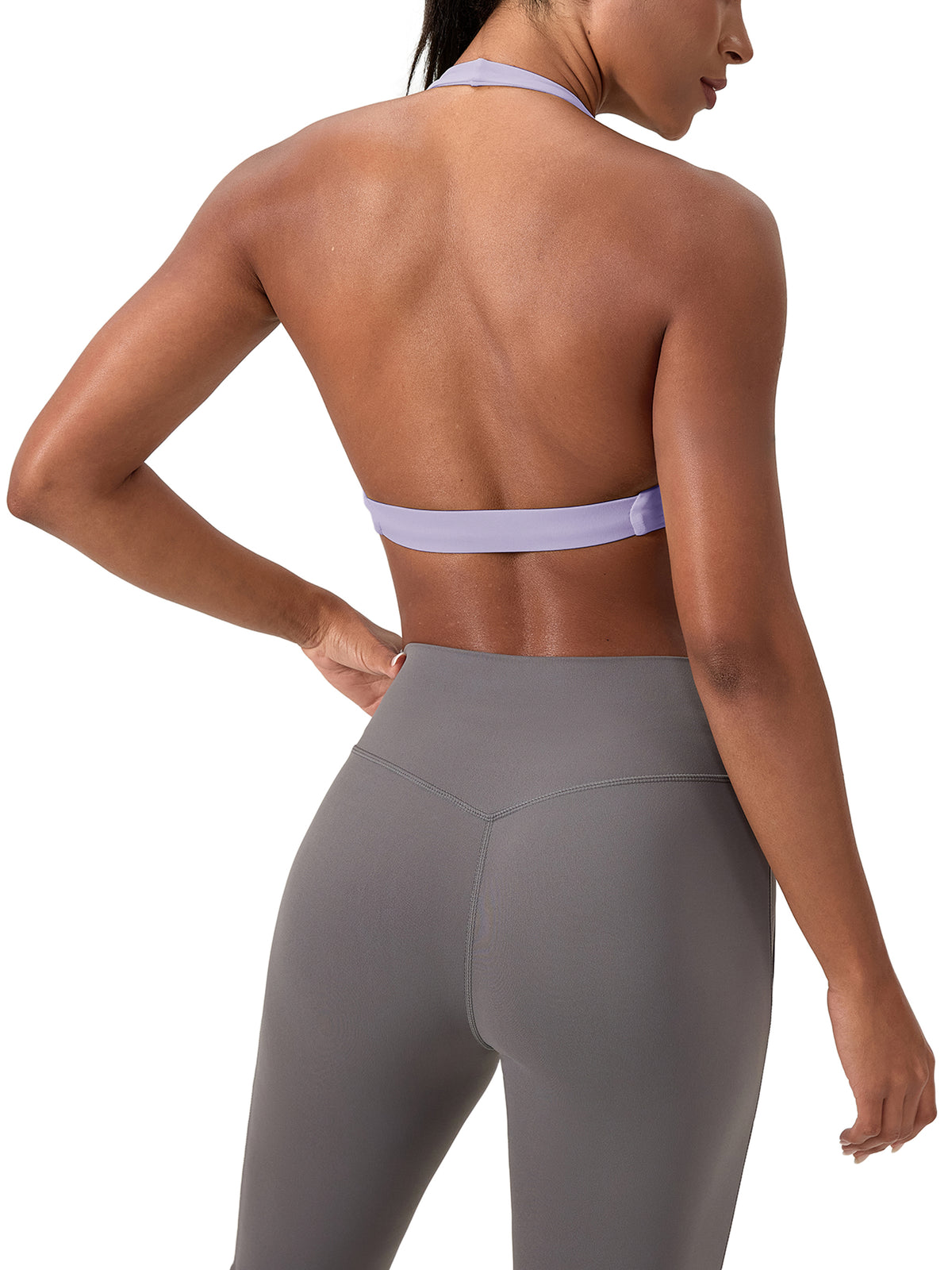 Woman modelling Women's Pleated Halter Sports Bra - back view