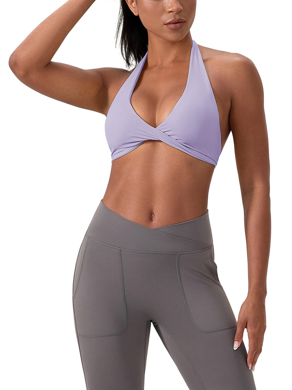Woman modelling Women's Pleated Halter Sports Bra - alternate front view