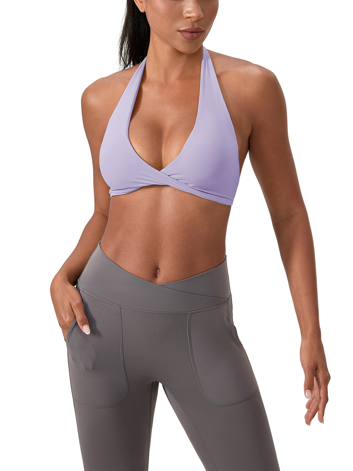 Woman modelling Women's Pleated Halter Sports Bra - front view