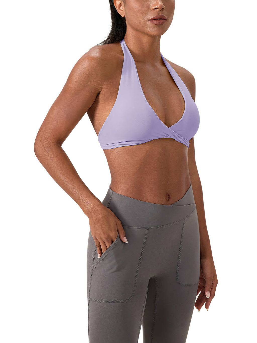 Woman modelling Women's Pleated Halter Sports Bra - side view