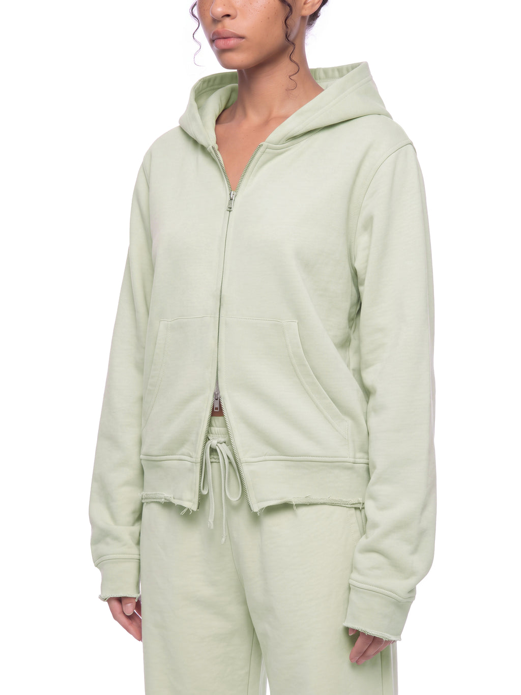Women’s Raw Edge Full Zip Hoodie white gray model three-quarter view