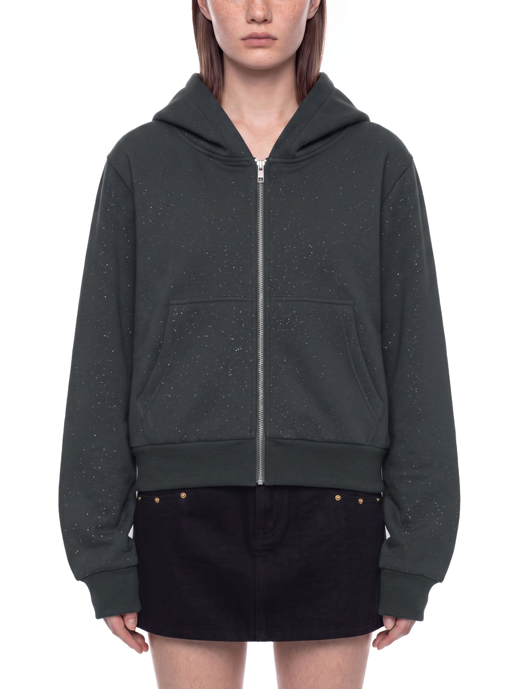 Women’s Sparkles Fleece Full Zip Hoodie dark gray model front view