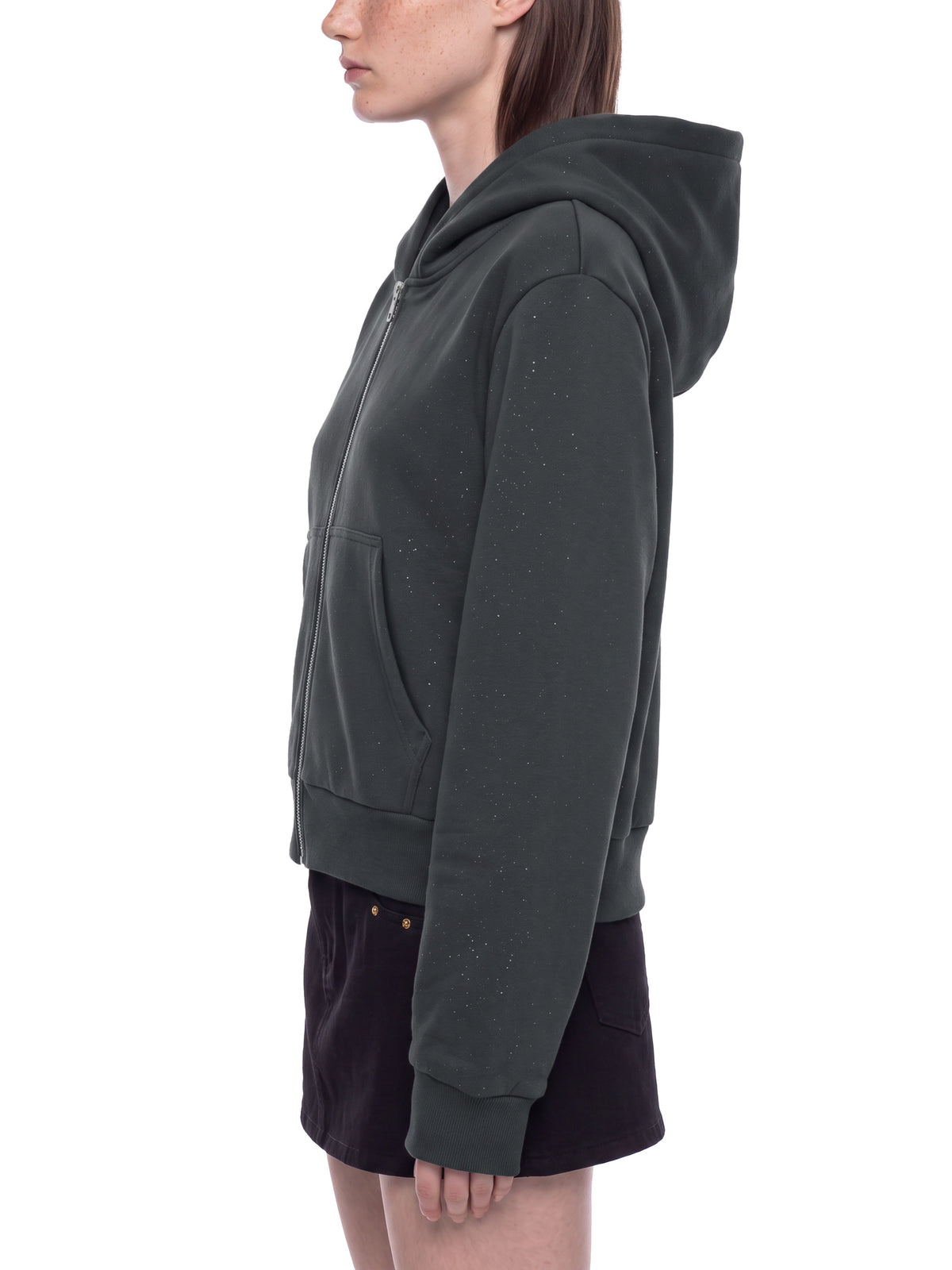 Women’s Sparkles Fleece Full Zip Hoodie dark gray model side view