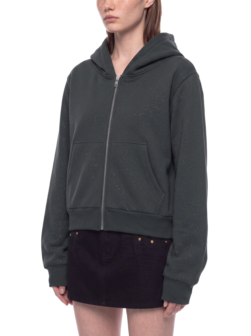 Women’s Sparkles Fleece Full Zip Hoodie dark gray model three-quarter view