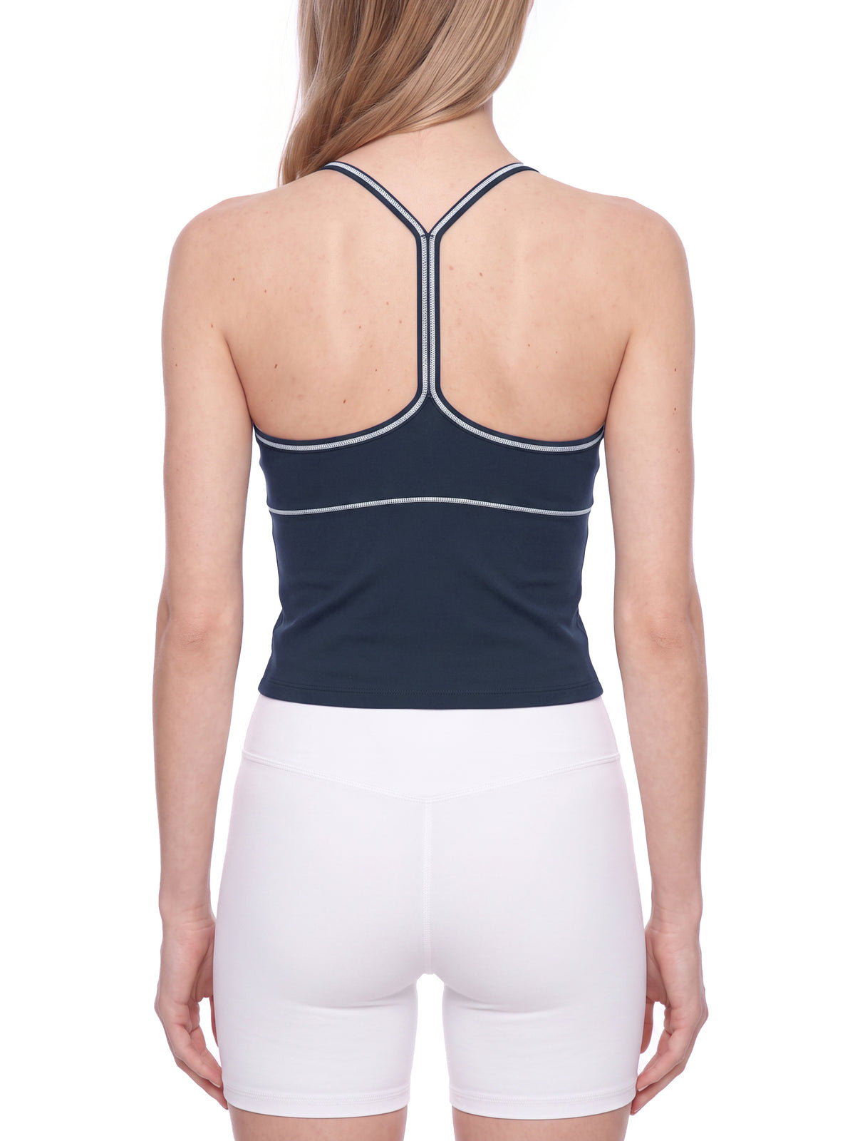 Women's Topstitch Yoga Tank Top navy blue model back view