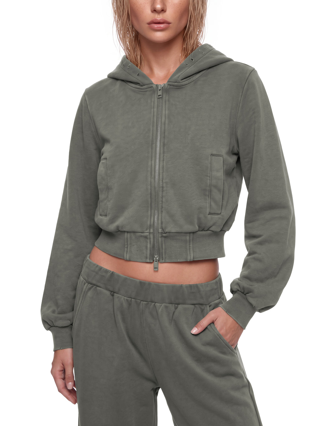 Women’s Vintage Wash Full Zip Hoodie dark gray model front angle