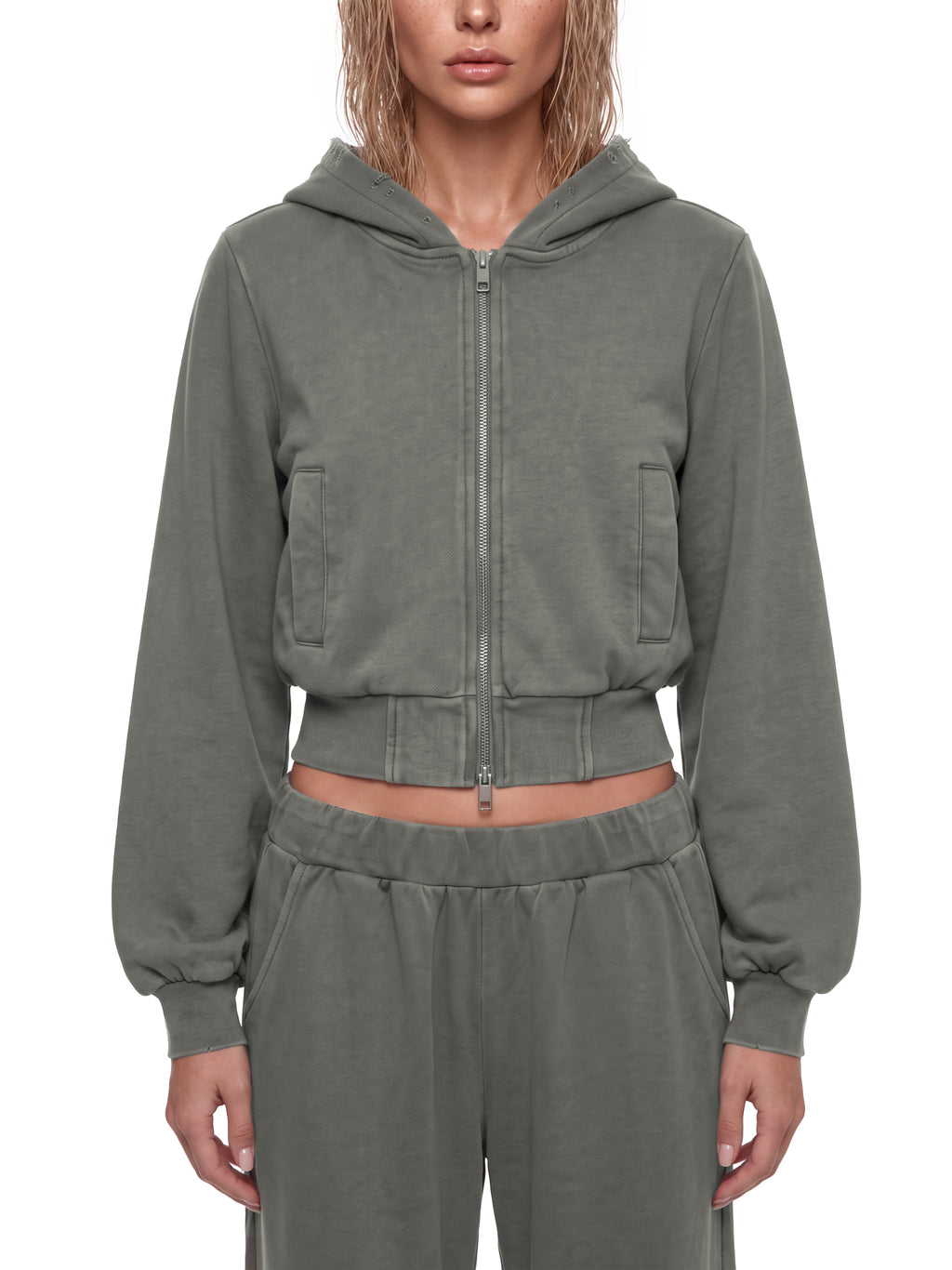 Women’s Vintage Wash Full Zip Hoodie dark gray model front view