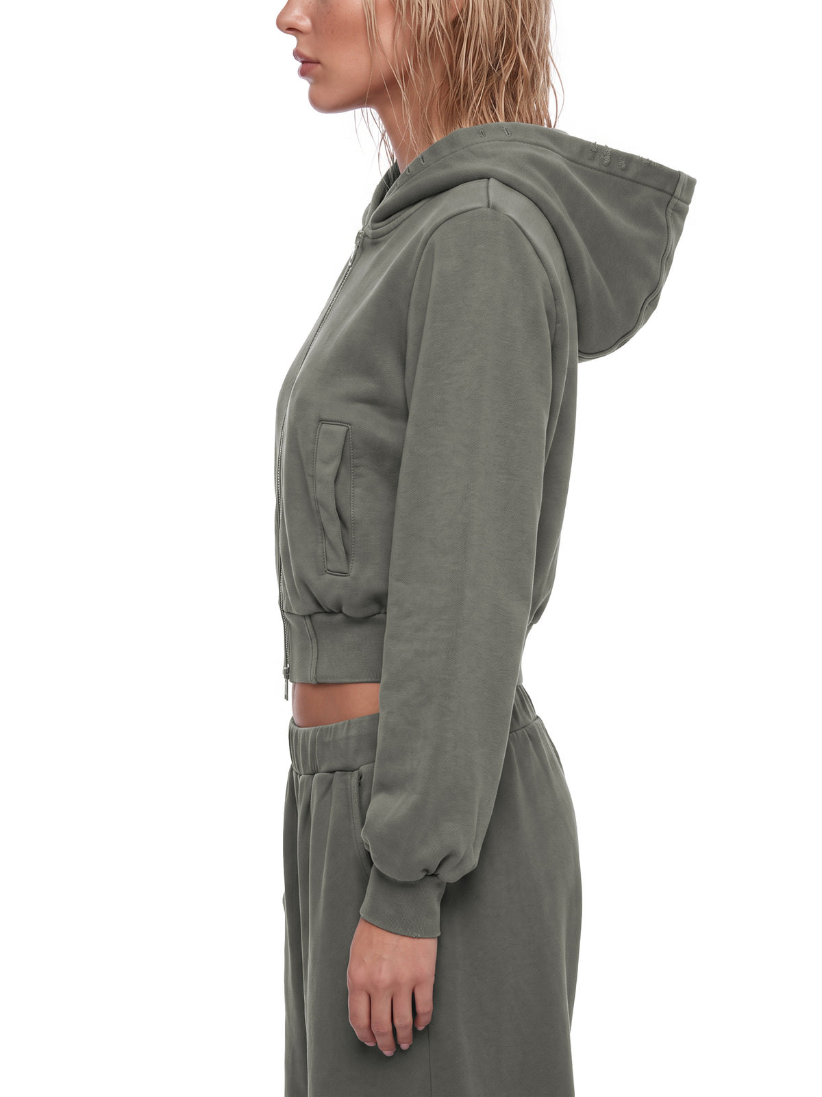 Women’s Vintage Wash Full Zip Hoodie dark gray model side view