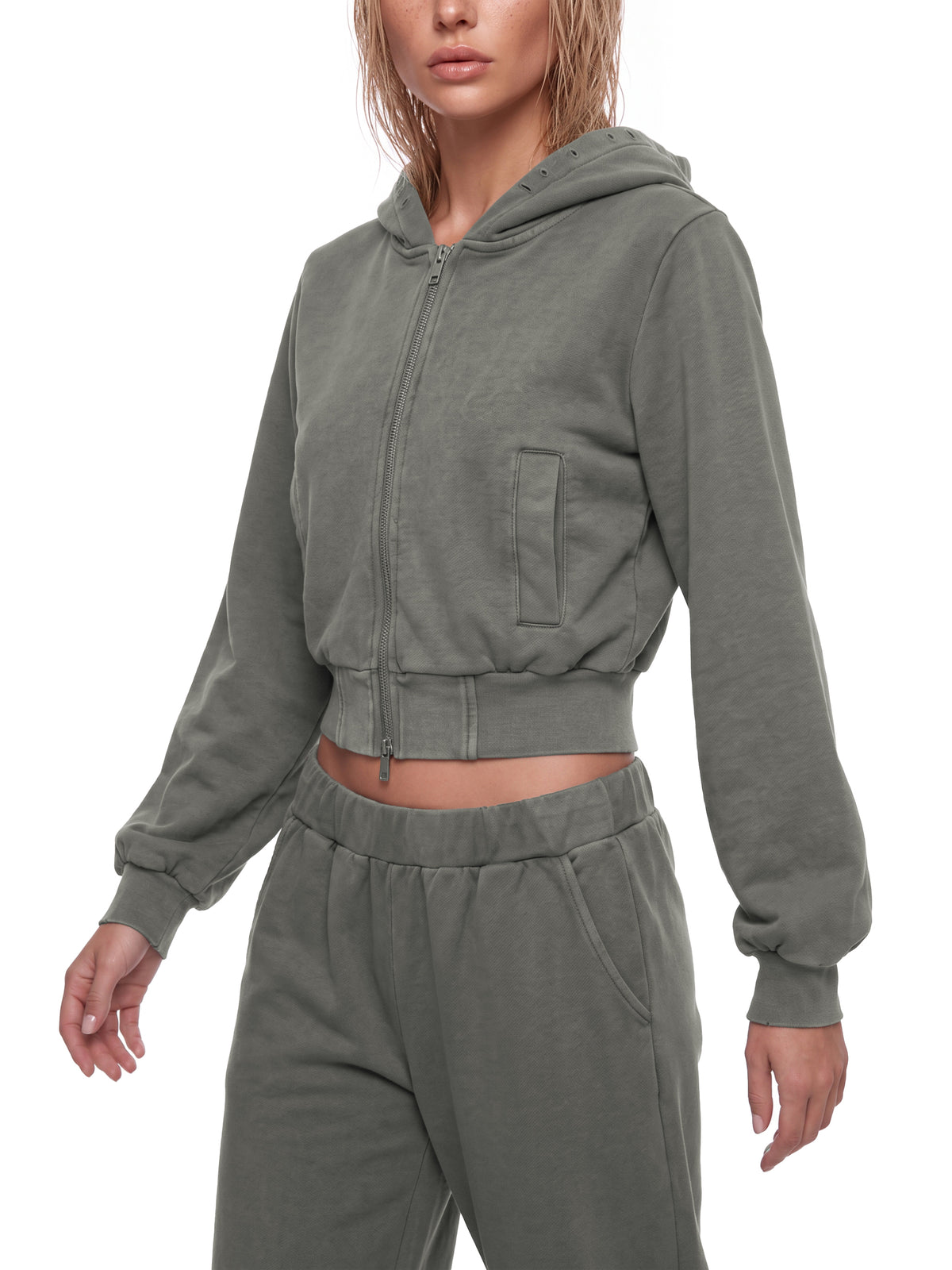 Women’s Vintage Wash Full Zip Hoodie dark gray model three-quarter view