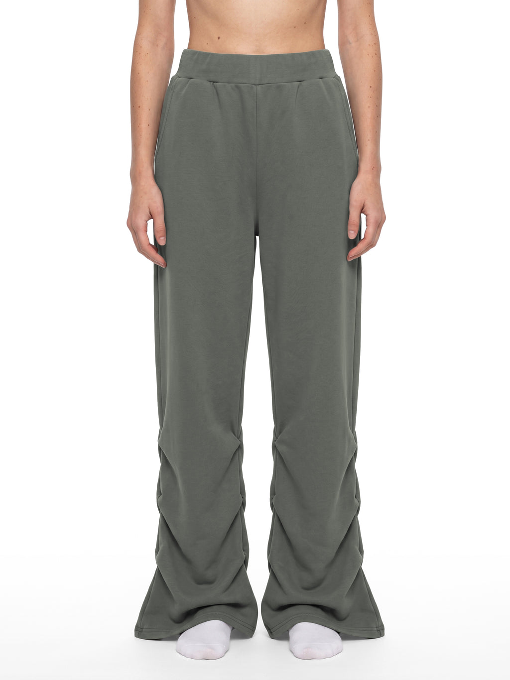 Women’s Vintage Wash Ruched Sweatpants dark gray model front view