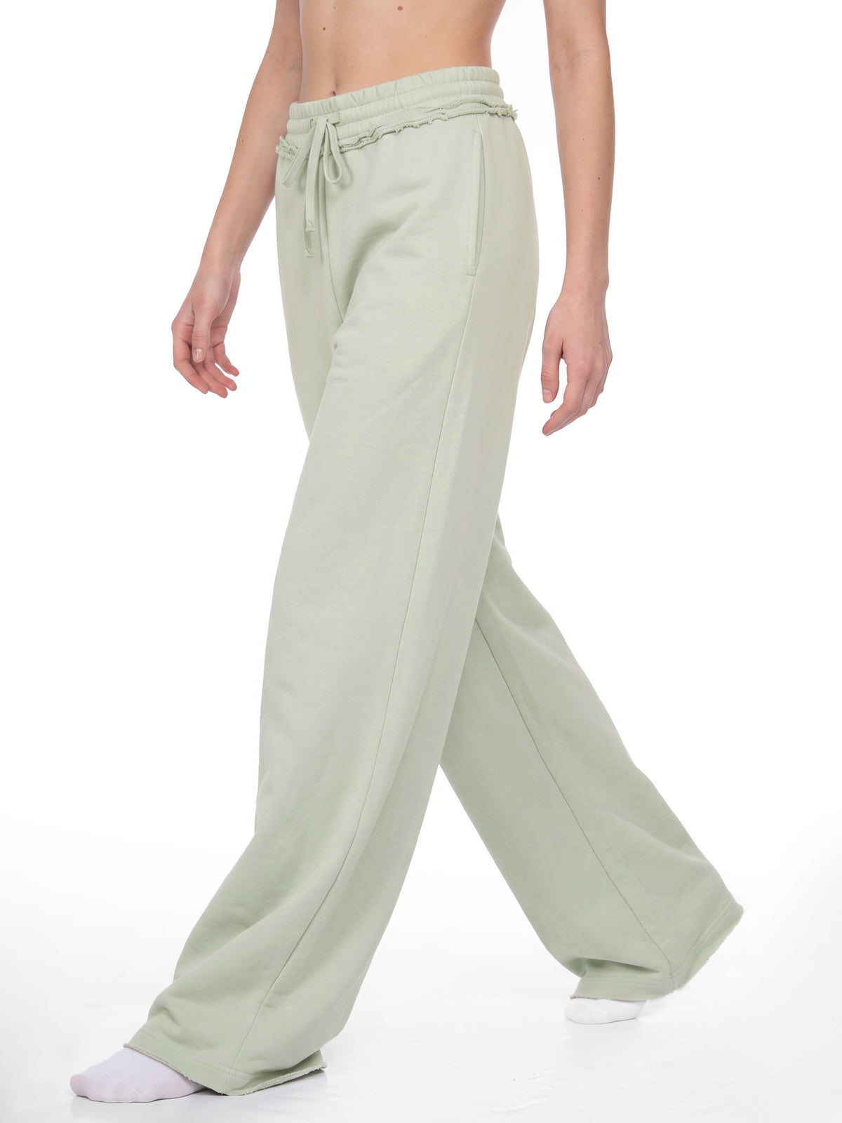 Women’s Wide Leg Raw Edge Sweatpants white gray model walking view